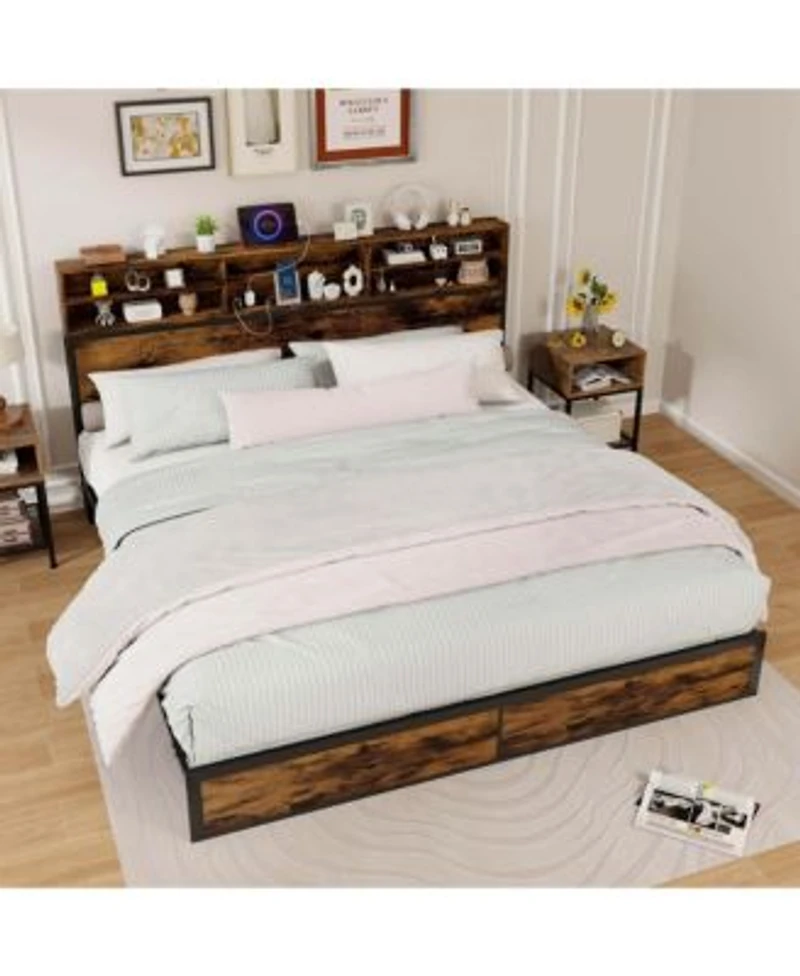 King Bed Frame With Charging Station Storage Headboard Under Bed Space