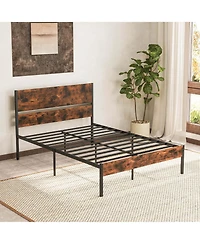 Full Size Bed Frame with Wooden Headboard Under-Bed Storage No Box Spring Needed