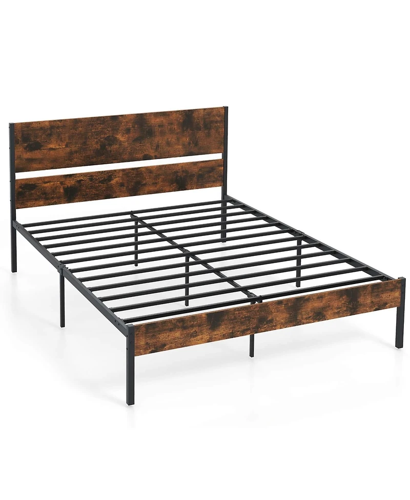 Queen Size Bed Frame with Wooden Headboard Under-Bed Storage No Box Spring Needed
