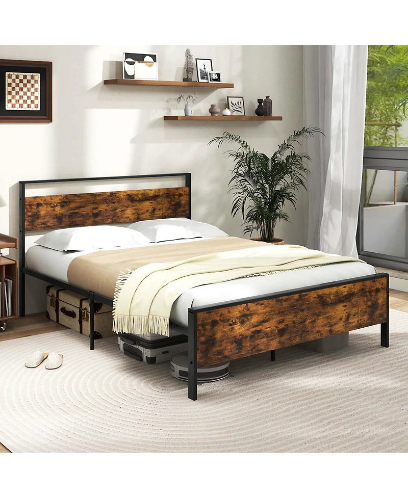 Queen Size Bed Frame with Wooden Headboard and Footboard Under-Bed Storage