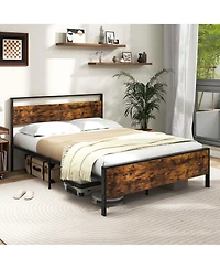 Queen Size Bed Frame with Wooden Headboard and Footboard Under-Bed Storage