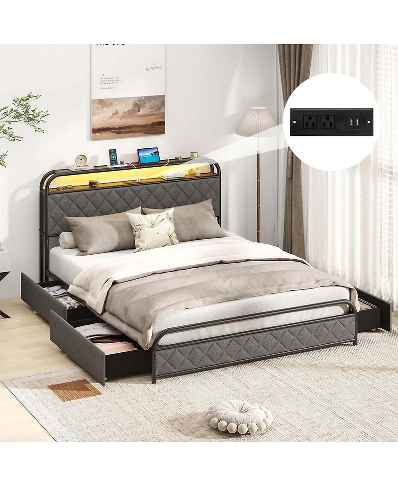 Queen Size Bed Frame with Led Lights & Charging Station Storage Headboard & Drawers