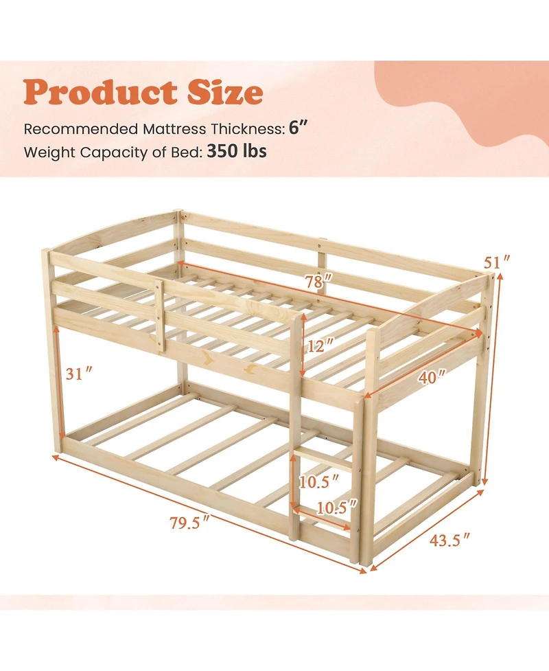 Costway Twin over Low Bunk Bed with Guardrails Integrated Ladder Kids Wooden