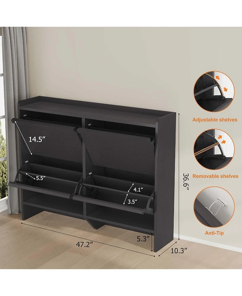 gaomon Shoe Cabinet with 4 Flip Drawers Narrow Cabinet with Adjustable and Removable Shelves Modern Wooden Shoe Organizer with Hidden Handle