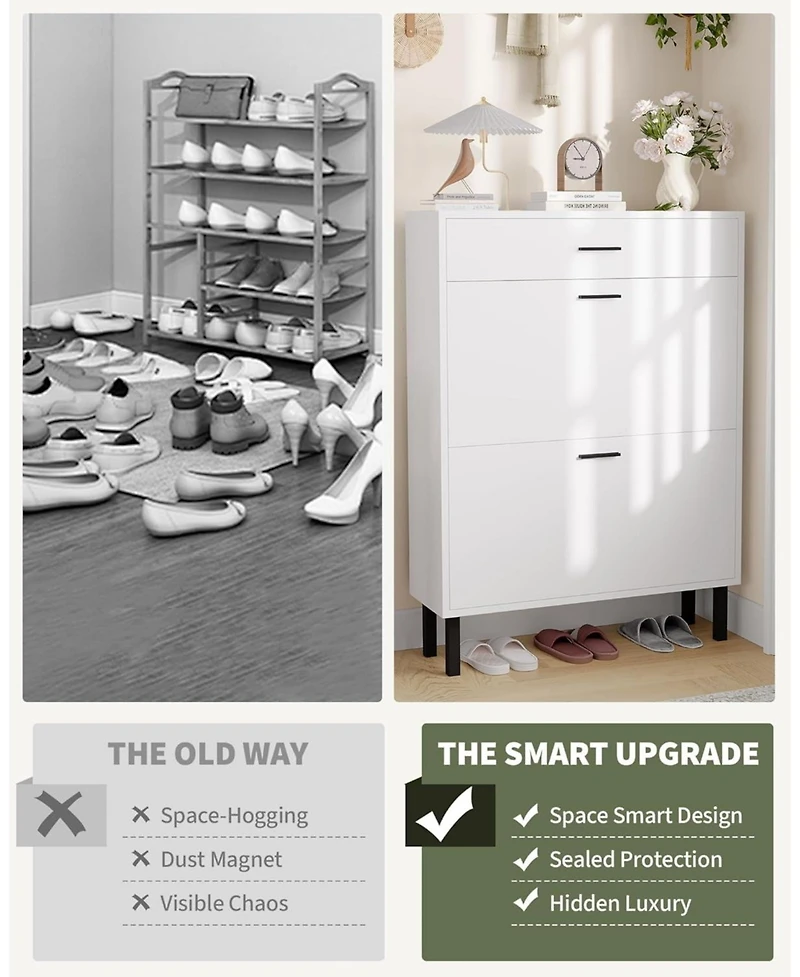 gaomon Space-Saving Narrow Shoe Cabinet for Entryway Dual Turn Drawers Freestanding Shoe Organizer 3Tier Adjustable Shelves Fits Slippers Sneakers