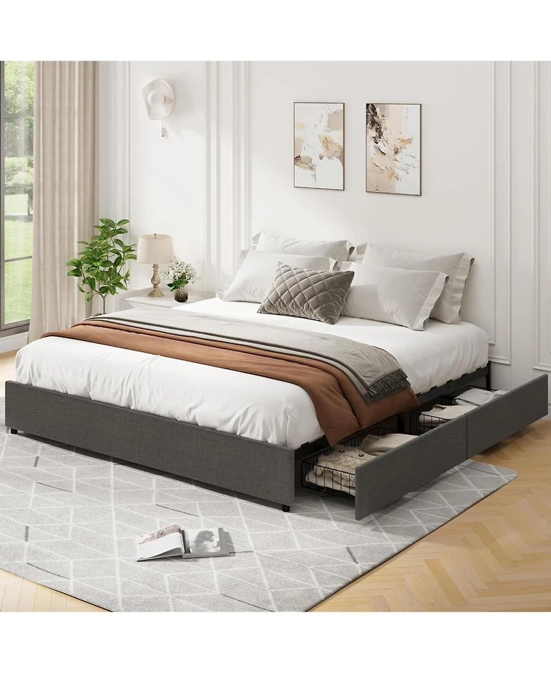 gaomon Platform Bed Frame with 4 Storage Drawers and Strong Wooden Slats Support