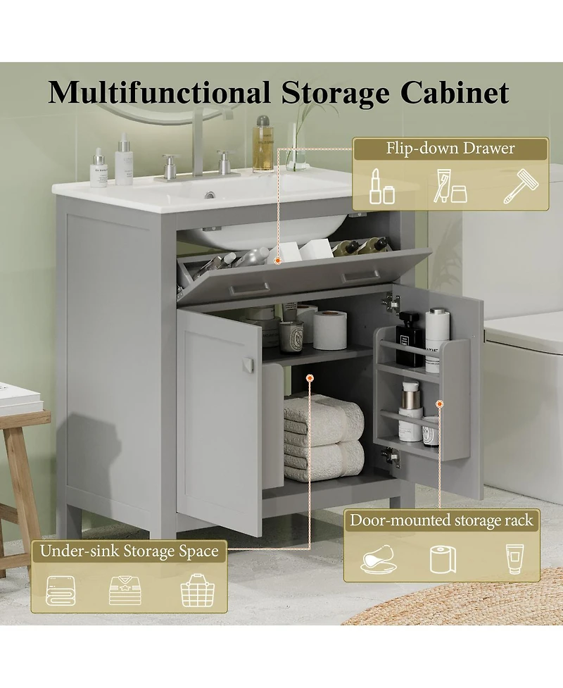 Sillysis 30" Bathroom Vanity with Ceramic Sink, Soft Close Doors & Adjustable Shelf, Modern Storage Cabinet for Small Spaces