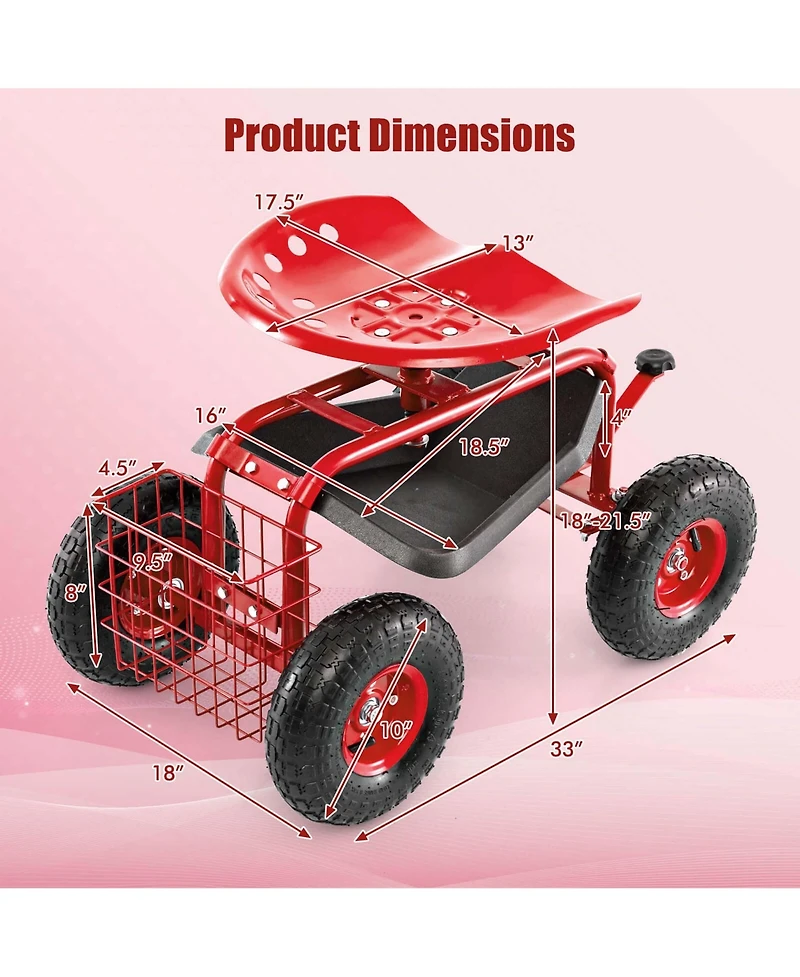 Garden Cart Rolling Work Seat w/ Tool Tray Basket