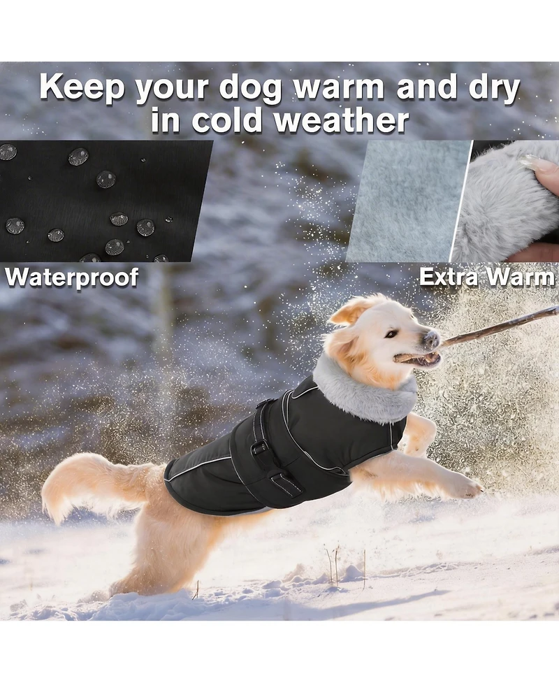 Aronkl Reflective Waterproof Dog Jacket with Fur Collar & Adjustable Buckle for Cold Weather