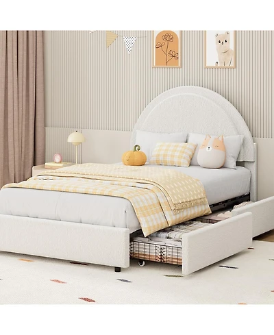 gaomon Boucle Bed Frame with 2 Storage Drawers,Soft Upholstered Platform Bed Frame with Round Headboard,Heavy Duty,Wooden Slats,Noise Free