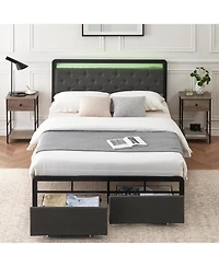 gaomon Bed Frame with Led Lights and 2 Storage Drawers Headboard,Upholstered Bed Frame with Under Bed Storage,Non-Slip and Noise-Free