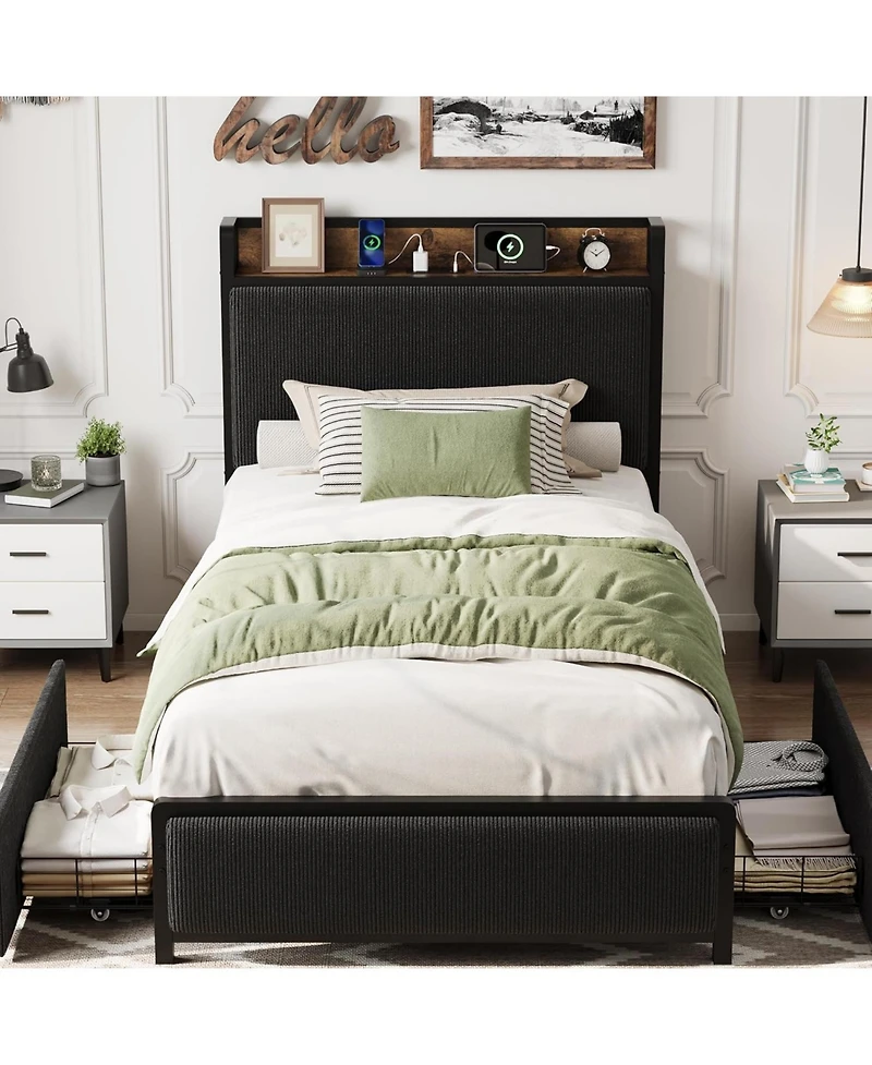 gaomon Twin Xl Bed Frame with Storage,Corduroy Upholstered Platform Bedframe Storage Drawers and Charging Station