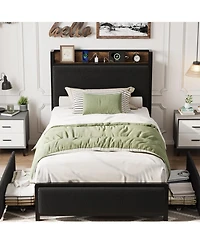 gaomon Twin Xl Bed Frame with Storage,Corduroy Upholstered Platform Bedframe Storage Drawers and Charging Station