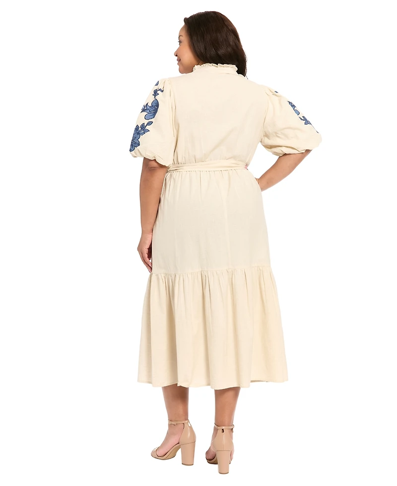 London Times Plus Split V-Neck A-Line Midi Dress