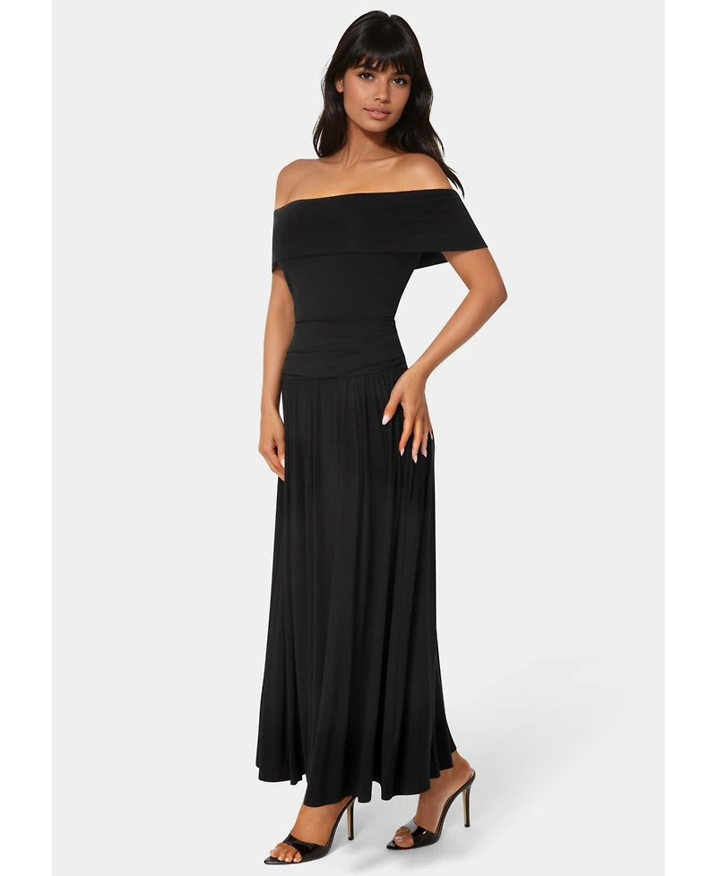 Bebe Women's Off the Shoulder Drop Waist Maxi Dress