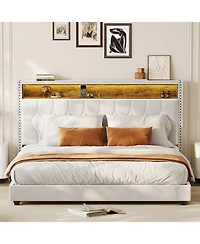 gaomon Bed Frame with Led Lights, Headboard with Built-in Charging Station, Upholstered & Trim Wingback Bedframe