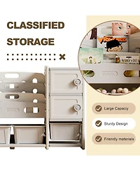 Rainsken 4-Tier Kids Bookshelf, Book Display Stand, Toy Storage Organizer with 8 Bins and 2 Cabinet for Playroom, Bedroom, Kids Room