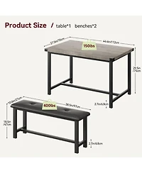 gaomon Dining Table Set for 4, Space Saving Kitchen Table with 2 Upholstered Benches, 3-Piece Industrial Dining Room Table Set