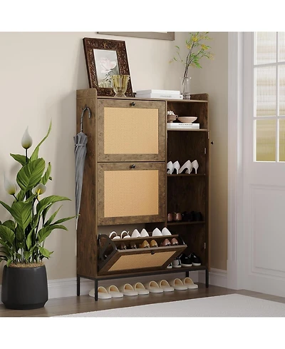 gaomon Shoe Cabinet with 3 Flip Drawers Rattan Freestanding Organizer with Adjustable Shelves Metal Knob Narrow Shoe Rack Cabinet Shoe Organizer