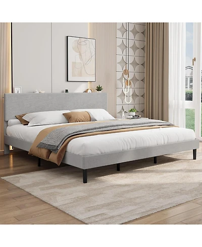 gaomon Bed Frame with Charging Station, Corduroy Upholstered Platform Bed Frame with Headboard and Storage Shelf, Solid Wood Slats