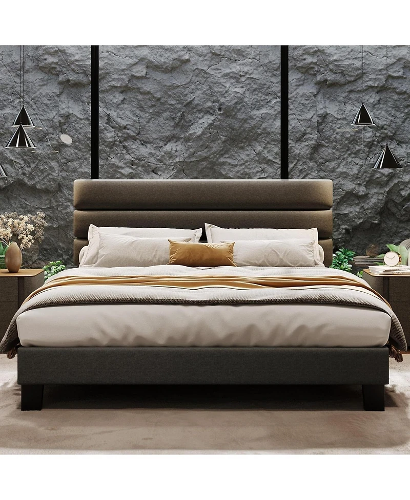 gaomon King Size Platform Bed Frame with Adjustable Headboard, Fabric Upholstered and Wooden Slats Support, Heavy Duty Mattress Foundation