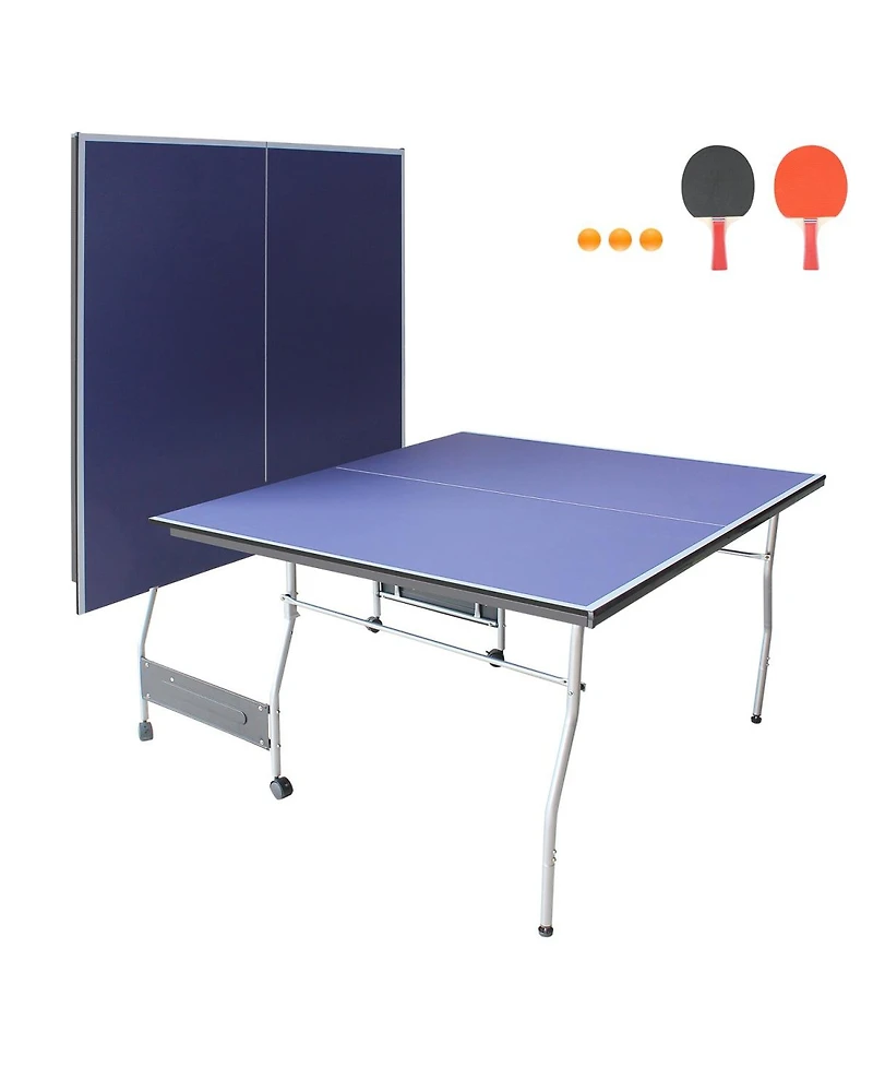 Baofuwish 8 Ft Blue Foldable Portable Ping Pong Table Mid-Size Table Tennis Game Set with Net Paddles for Family Game Room
