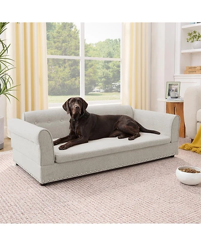 Aostirmotor Oversized Pet Sofa, Modern Linen Fabric Elevated Dog Bed with Backrest & Armrest for Large Dogs