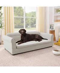 Aostirmotor Oversized Pet Sofa, Modern Linen Fabric Elevated Dog Bed with Backrest & Armrest for Large Dogs