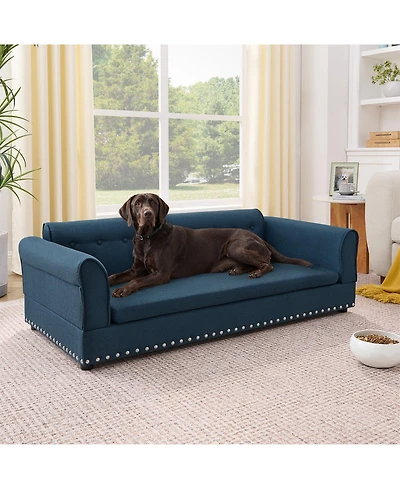 Aostirmotor Oversized Pet Sofa, Modern Linen Fabric Elevated Dog Bed with Backrest & Armrest for Large Dogs