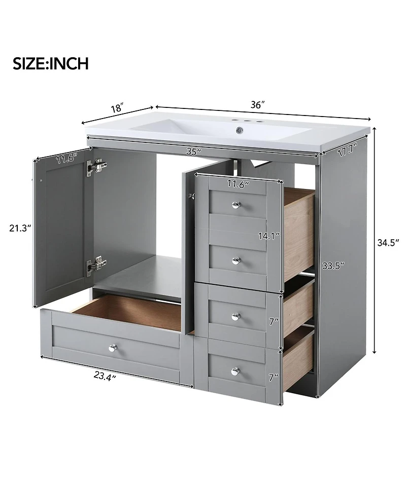 Sillysis 36" Shaker Bathroom Vanity with Resin Sink, 4 Soft Close Drawers & 2 Doors, Ample Storage for Modern Homes