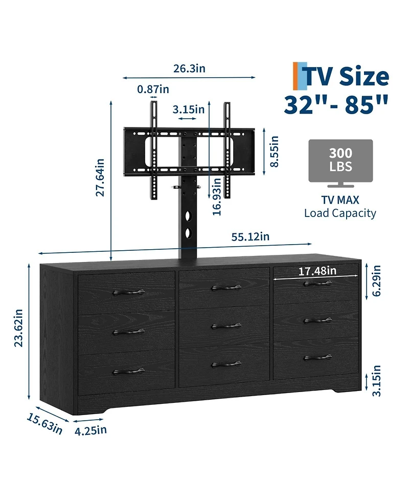 gaomon Modern Tv Stand with Mount, 55 Inch Entertainment Center with 9 Drawers, Adjustable Height Media Console for TVs 85 Inch