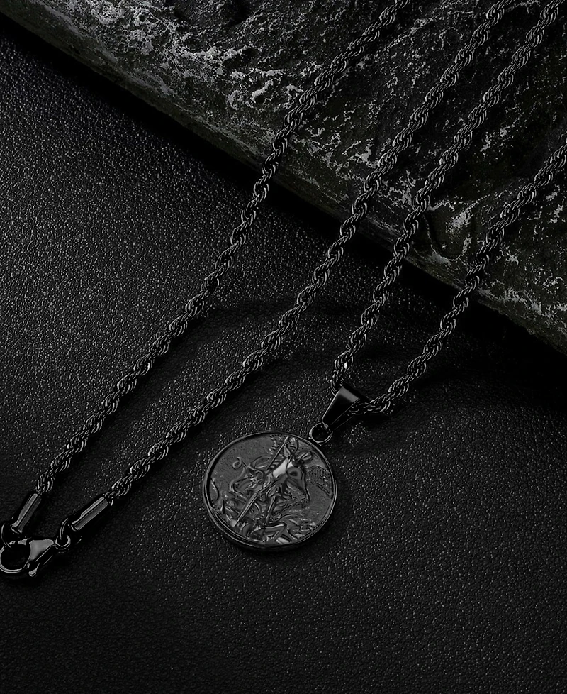 Rhona Sutton Men's Black Plated Stainless Steel St. Michael Pendant Necklace