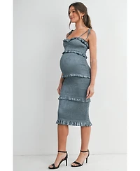 Hello Miz Maternity Smocked Bodycon Midi Dress with Ruffle Trim and Tie Straps