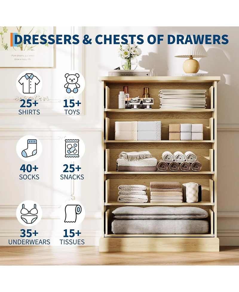 gaomon 5 Drawer Tall Dresser for Bedroom, Fluted Vertical Chest of Drawers, Wood Storage Dresser with Metal Handles