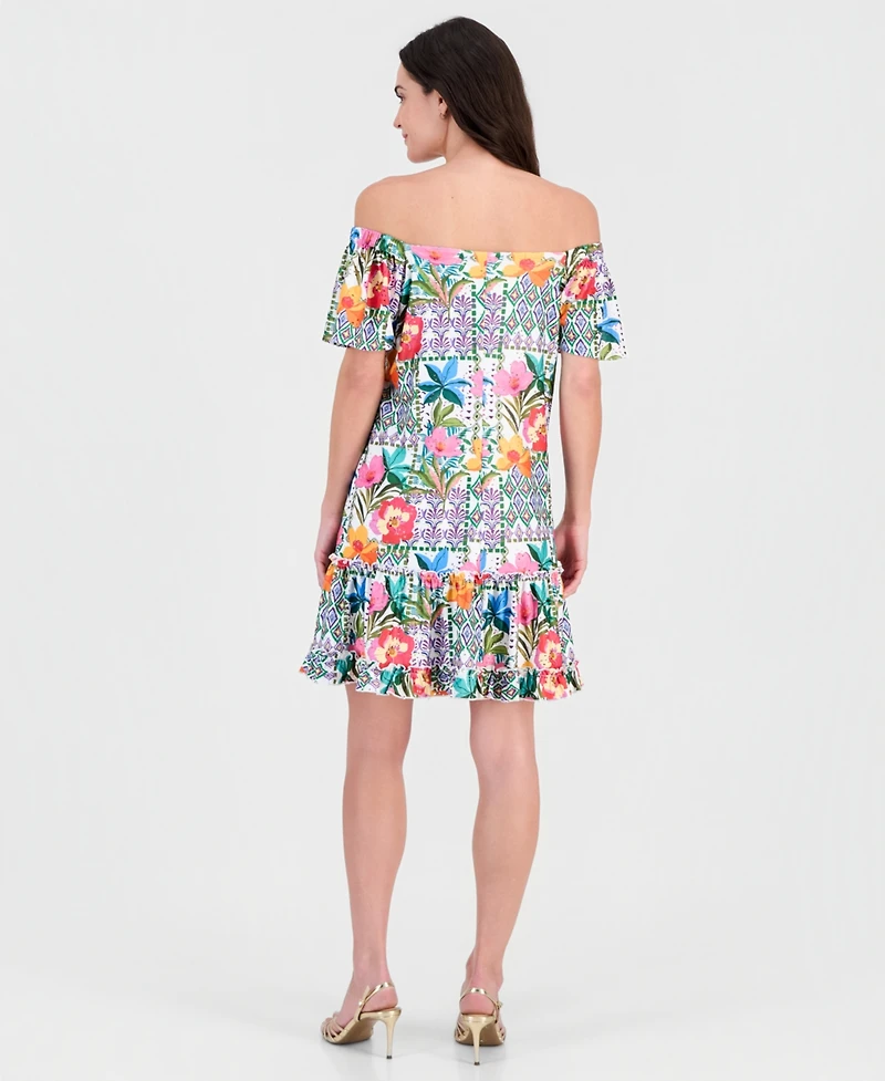 Robbie Bee Petite Off-The-Shoulder Printed Eyelet Dress