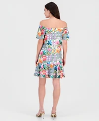 Robbie Bee Petite Off-The-Shoulder Printed Eyelet Dress