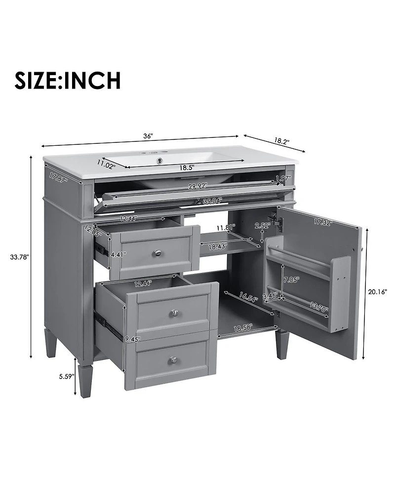 Sillysis 36" Bathroom Vanity with Sink and Mirror, Modern Freestanding Solid Wood Mdf Cabinet, 3 Drawers 2 Doors for Large Storage