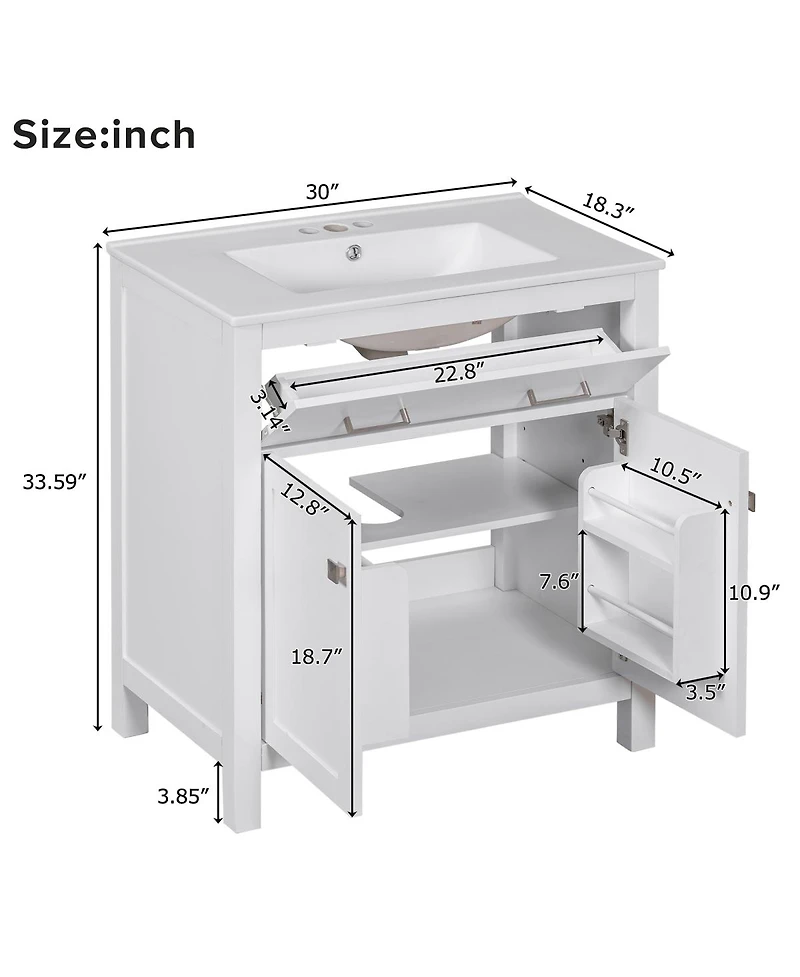 Sillysis 30" Bathroom Vanity with Ceramic Sink, Soft Close Doors & Adjustable Shelf, Modern Storage Cabinet for Small Spaces