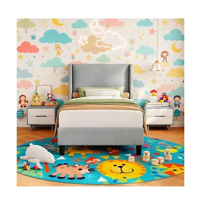 gaomon Twin Wingback Bed Frame Vertical Stripe Velvet Upholstered 2 Storage Pockets Wood Slats No Box Spring