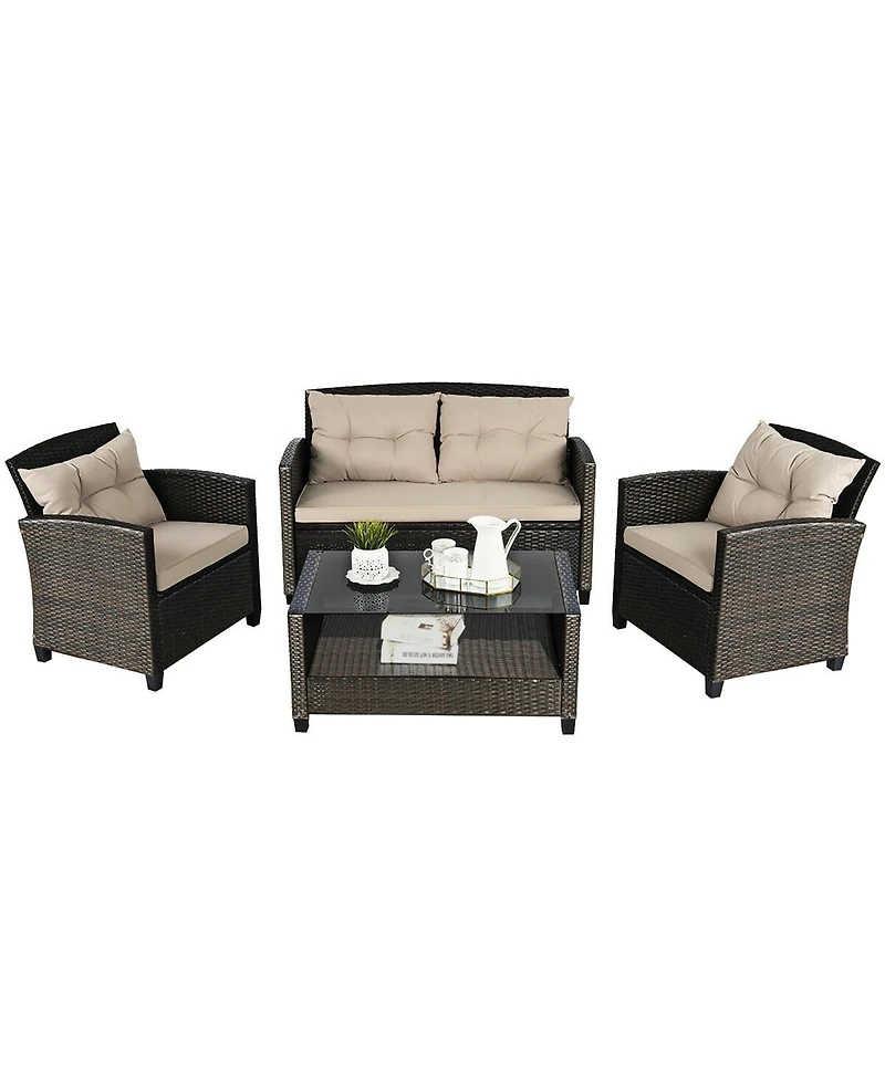 Costway 4PCS Outdoor Rattan Furniture Set Cushioned Sofa Armrest Chair Lower Shelf