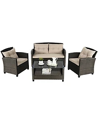 Costway 4PCS Outdoor Rattan Furniture Set Cushioned Sofa Armrest Chair Lower Shelf