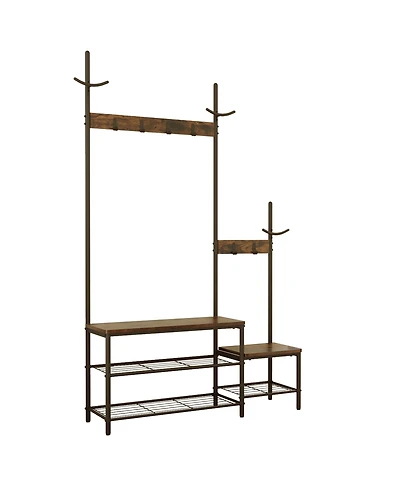 Rainsken Coat Rack with Shoe Storage Bench with High and Low Seat Design and 6 Hooks for Entryway, Hallways