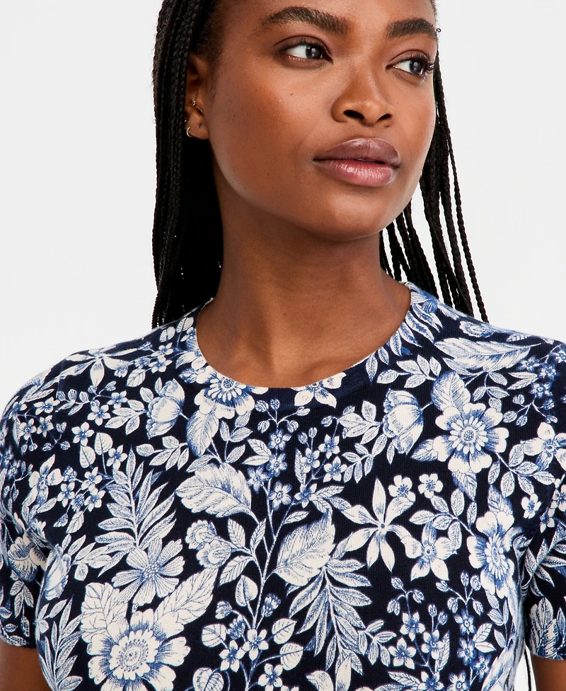 Nautica Women's Cotton Short-Sleeve Floral Sweater