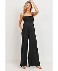 Hello Miz Maternity Sleeveless Smocked Bodice Wide-Leg Jumpsuit with Pockets