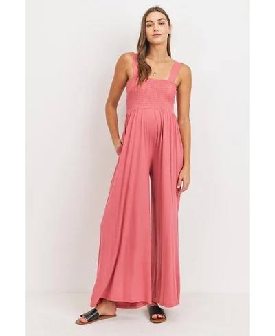 Hello Miz Maternity Sleeveless Smocked Bodice Wide-Leg Jumpsuit with Pockets