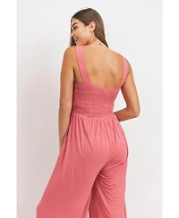 Hello Miz Maternity Sleeveless Smocked Bodice Wide-Leg Jumpsuit with Pockets