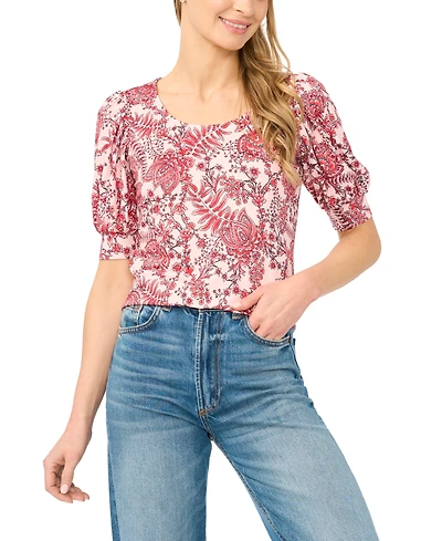 CeCe Women's Crew Neck Shirred Short-Sleeve Blouse