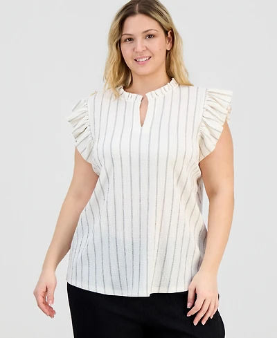 Anne Klein Plus Size Flutter-Sleeve Split-Neck Top