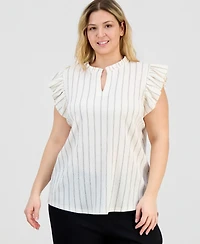 Anne Klein Plus Size Flutter-Sleeve Split-Neck Top