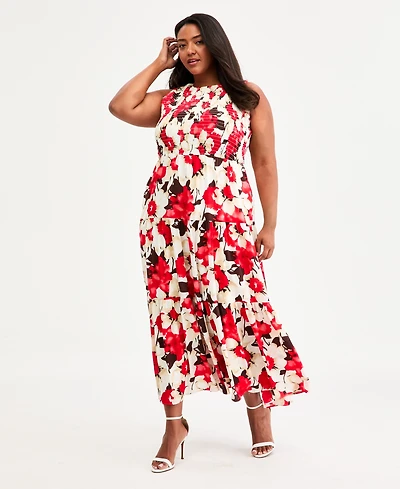 Anne Klein Plus Smocked-Bodice Tiered Maxi Dress